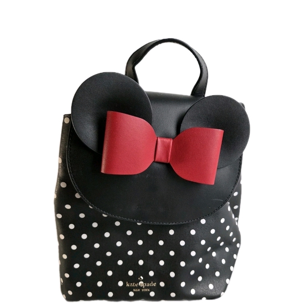 Disney x Kate Spade Minnie Mouse Black Polka Dot Leather Backpack w/ Red Bow